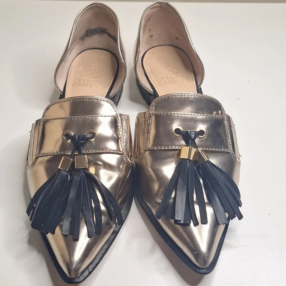 Vince Camuto D'Orsy silver metallic patent leather  tassel flats SZ 6 - Picture 2 of 10